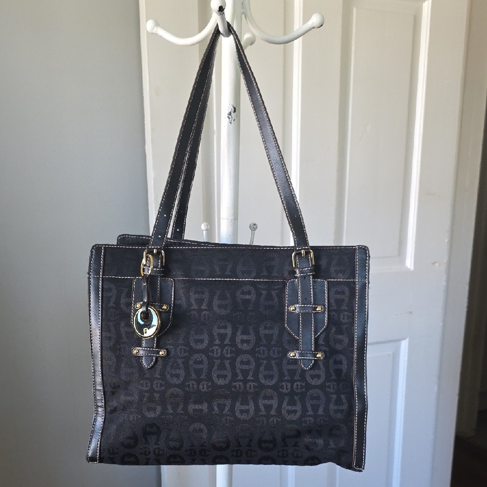 Etienne Aigner Y2K Black Monogram Shoulder Bag Tote Bag Gold Hardware